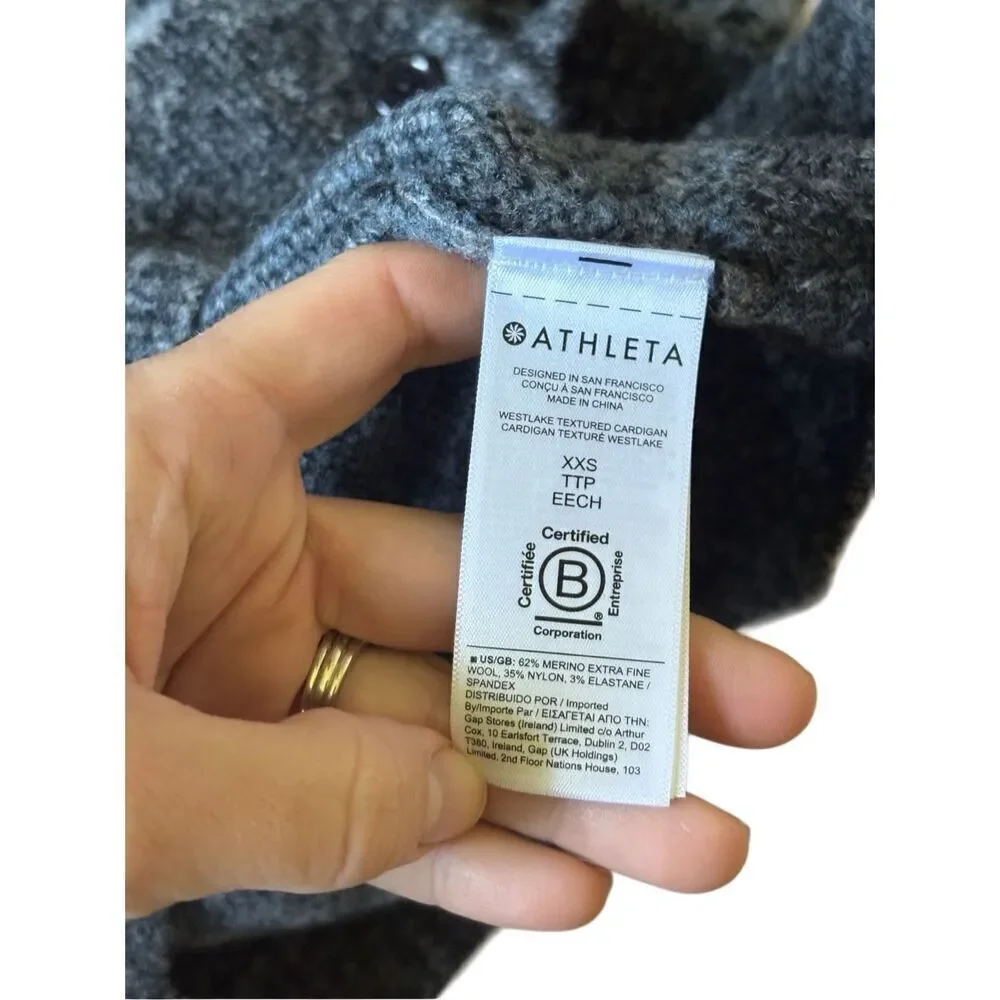 Athleta Cardigan Merino Wool Blend size XXS Fog Camo Cool Button Front Gray Blue